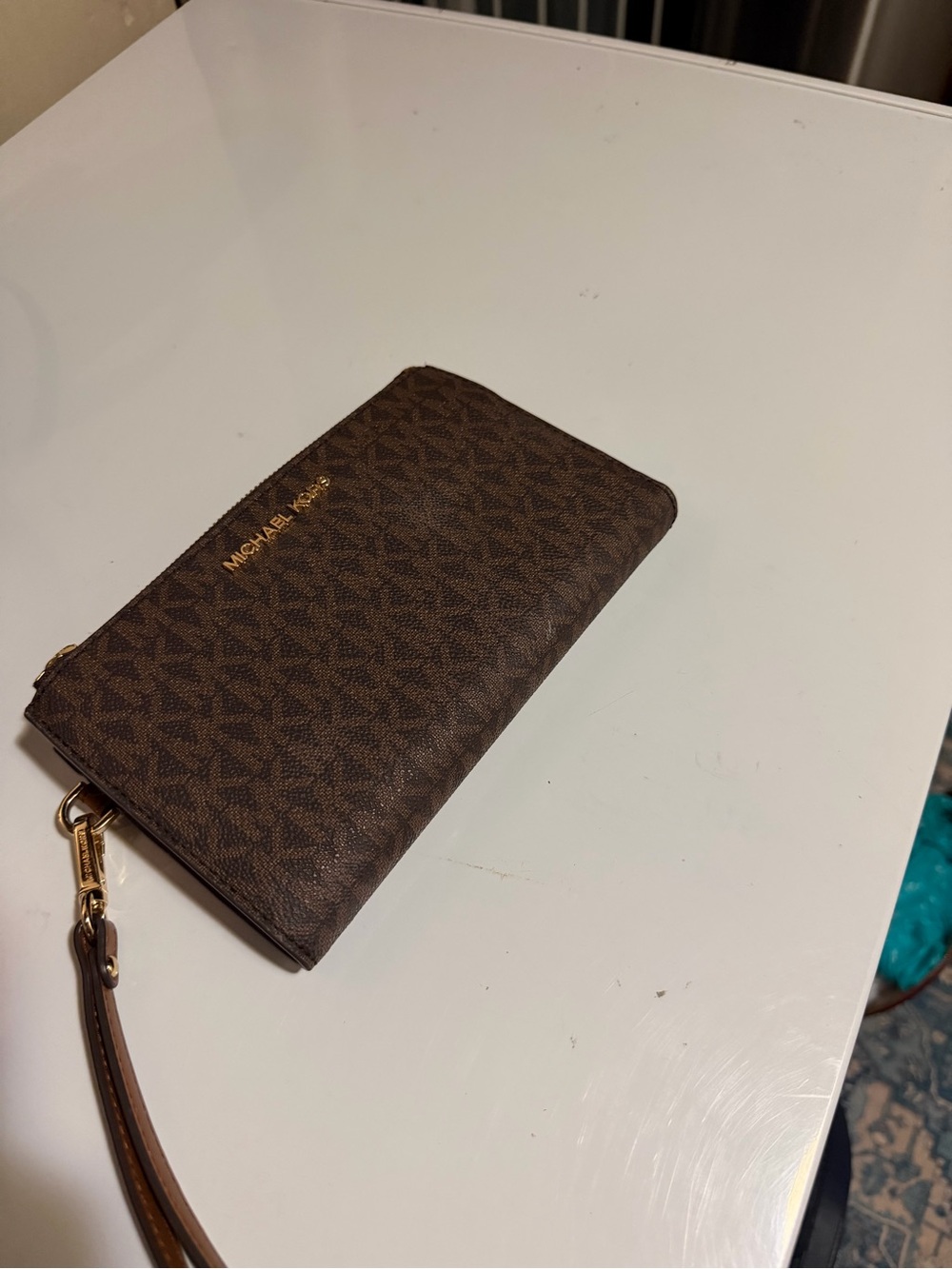 Michael Kors Signature Brown Zip-Around Wristlet Wallet with Gold Hardware